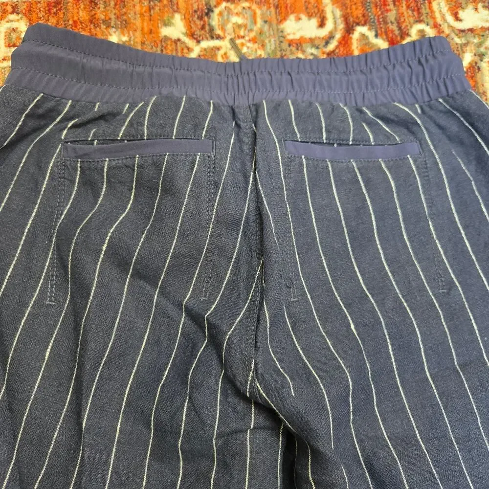 Athleta Stripe Bali Linen Crop Blue Linen Blend Pants Drawstring Size 2